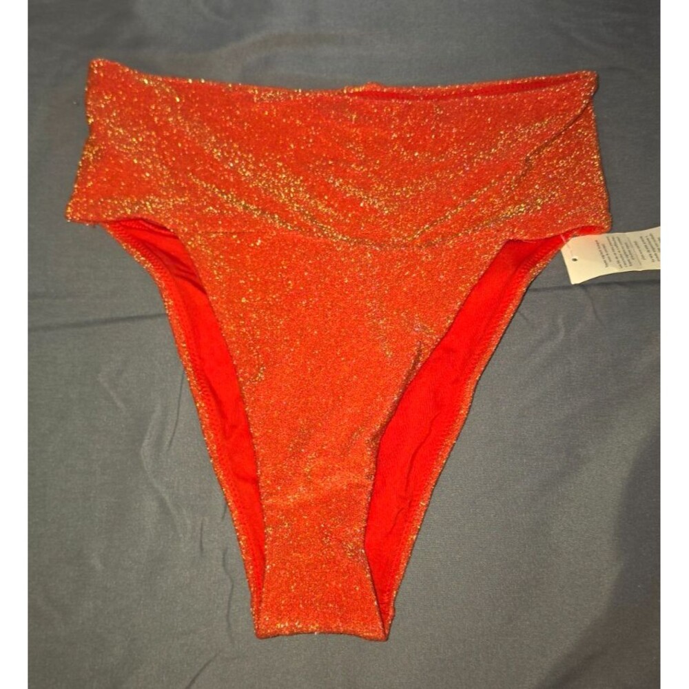 Aerie High Cut Cheeky Reddish Orange Swim Bathing Suit Bottom Small New Glitter